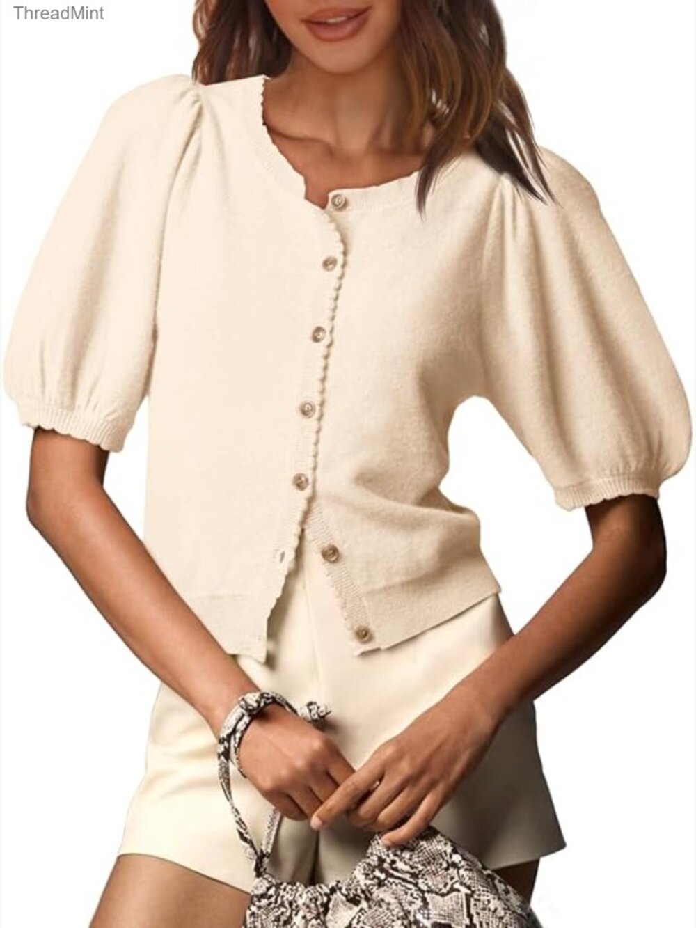 Puff Short Sleeve Cardigan Lightweight Summer Button Down Knit Crew Neck